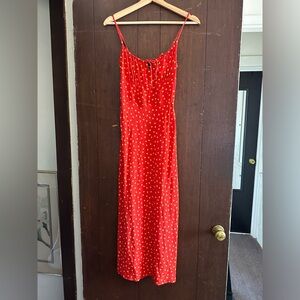 Realisation Alba Silk Red Orange Polkadot Silk Spaghetti Strap Midi Dress XS